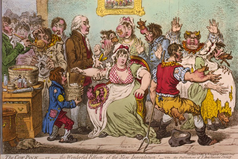 Ta grafika z XIX wieku odzwierciedlała obawy ludzi przed szczepionką na ospę, którą odkrył Edward Jenner.