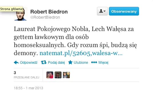 Robert Biedroń krytykuje Lecha Wałęsę.