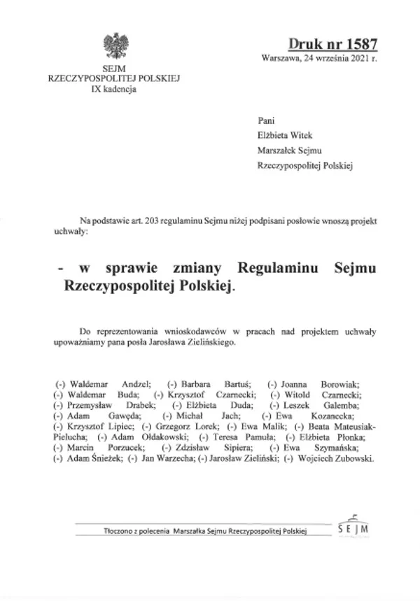 Posłowie PiS wnioskują o zmianę Regulaminu Sejmu.