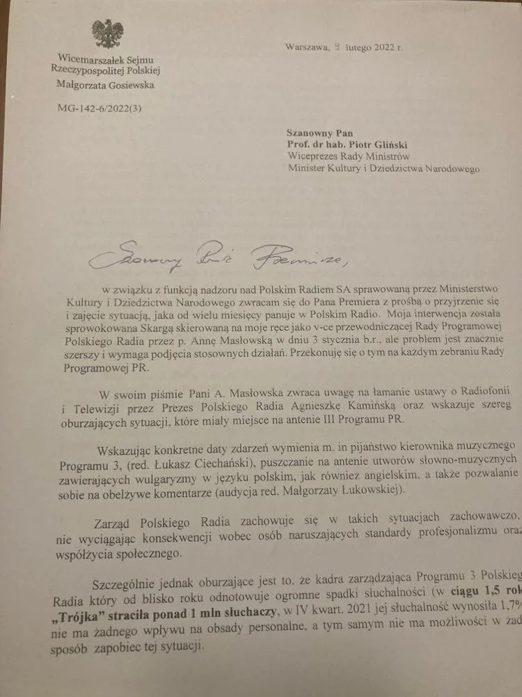 List wicemarszałek Małgorzaty Gosiewskiej ws. sytuacji w Trójce