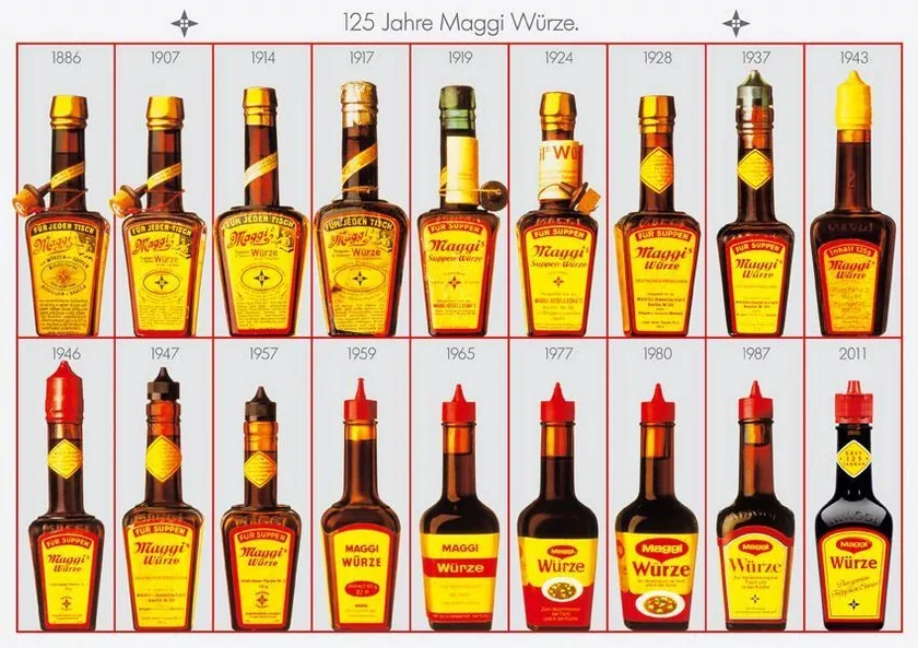 Butelka Maggi na przestrzeni lat wciąż zachowała pierwotną kolorystykę dobraną przez Juliusa Maggiego