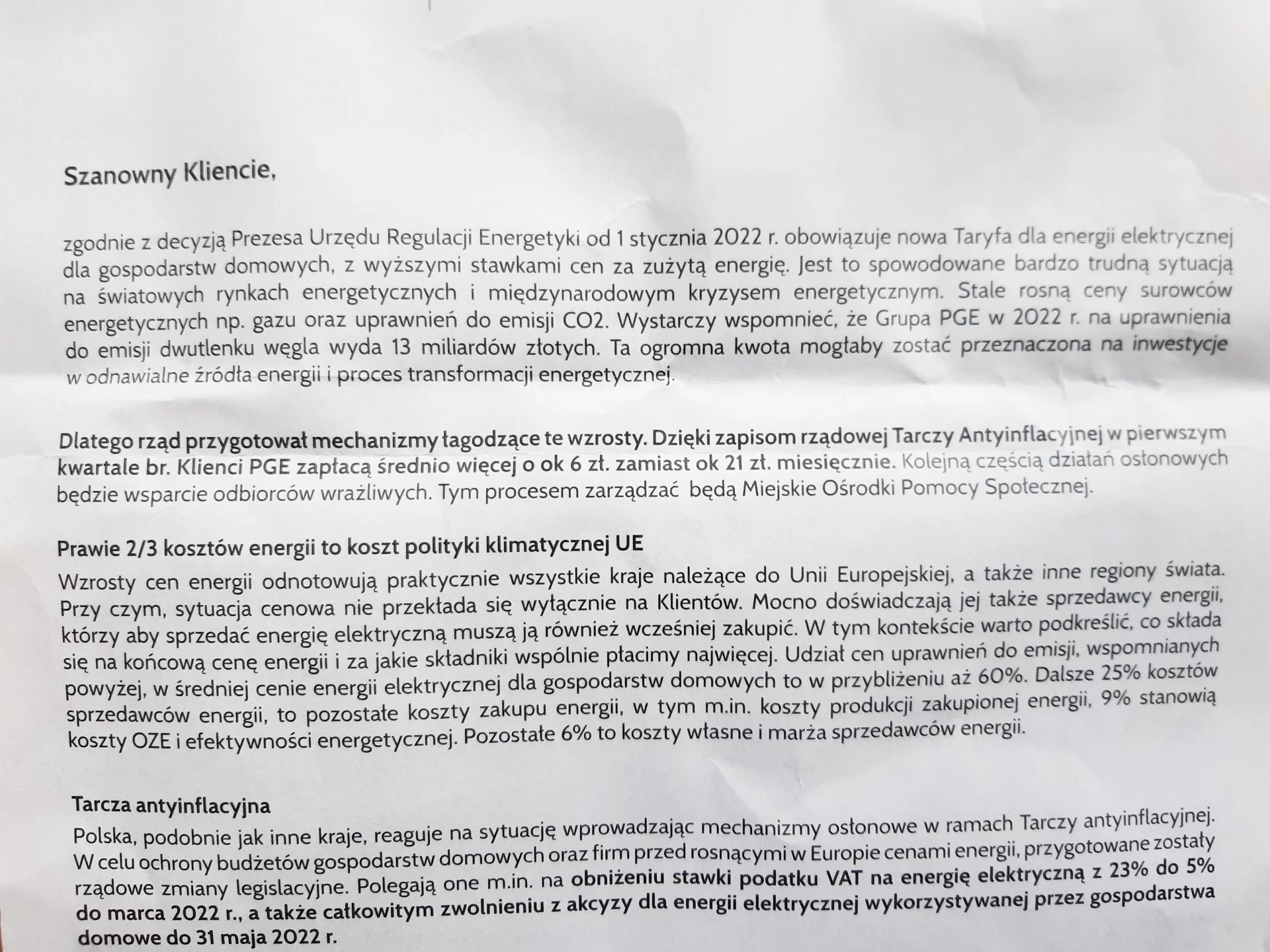 Ulotka dołączona do rachunku.