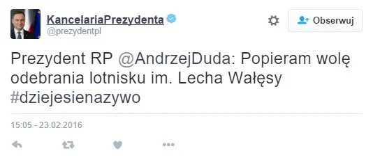 Wpis wisiał na koncie @prezydentpl bardzo krótko