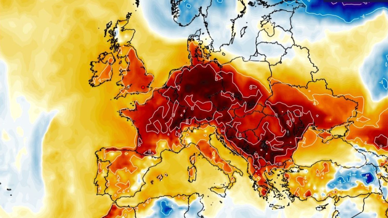 Prognoza pogody na luty pokazuje dynamiczne zmiany w pogodzie. Najpierw ochłodzenie, a potem nagłe ocieplenie. Na zdjęciu symulacja odchylenia od normy temperatury około 17 lutego.