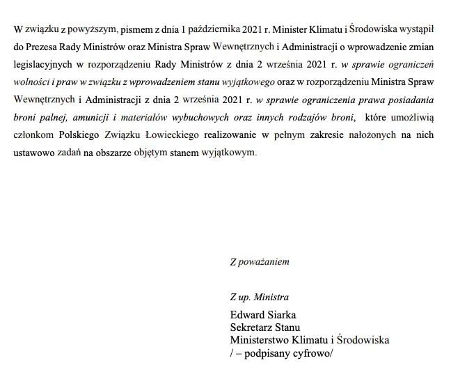 Fragment odpowiedzi na interpelację. MKiŚ przyznaje, że zwróciło się do premiera Morawieckiego o zrobienie wyjątku dla myśliwych i wpuszczenie ich do strefy stanu wyjątkowego.