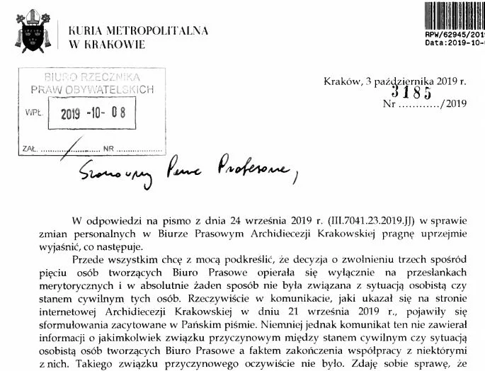 Fragment listu z krakowskiej Kurii do RPO.