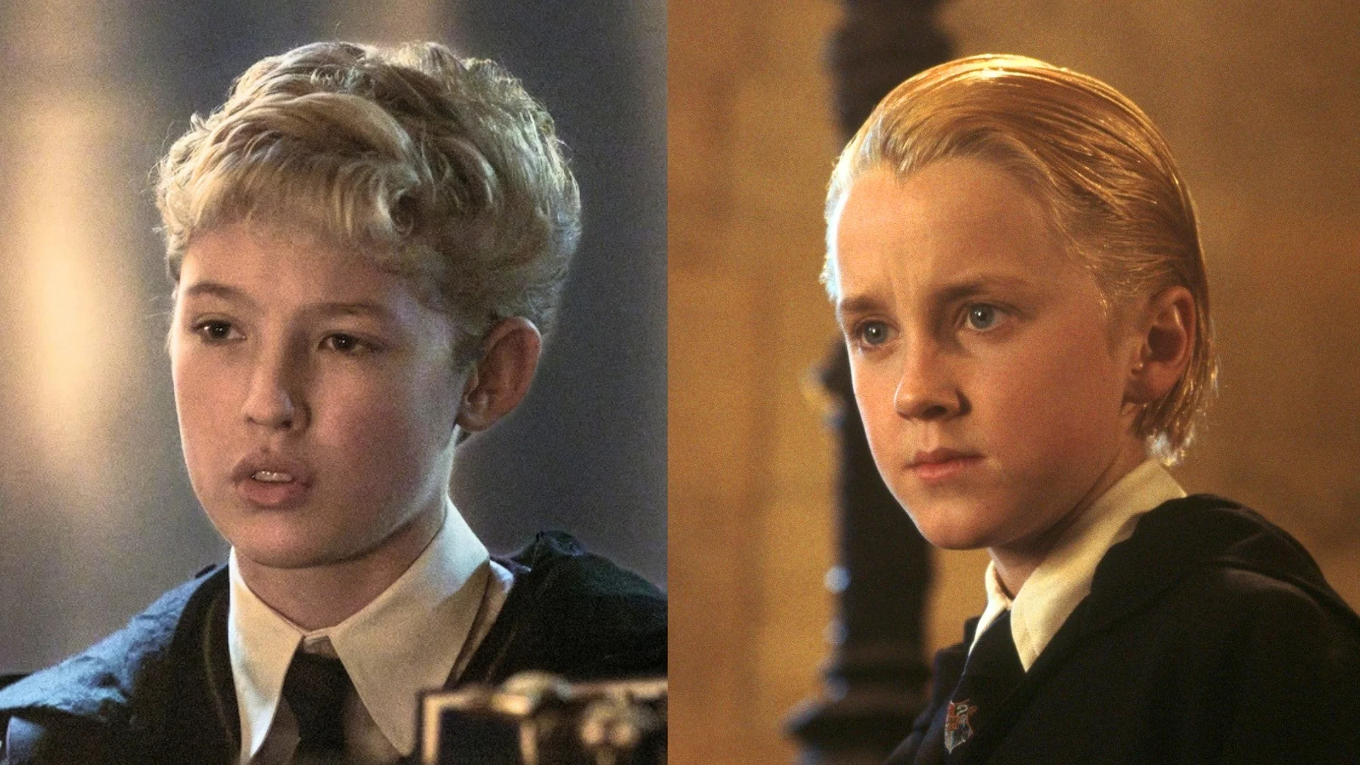 Lox Pratt (po lewej) i Tom Felton (po prawej) w serialu i filmie "Harry Potter i Kamień Filozoficzny"