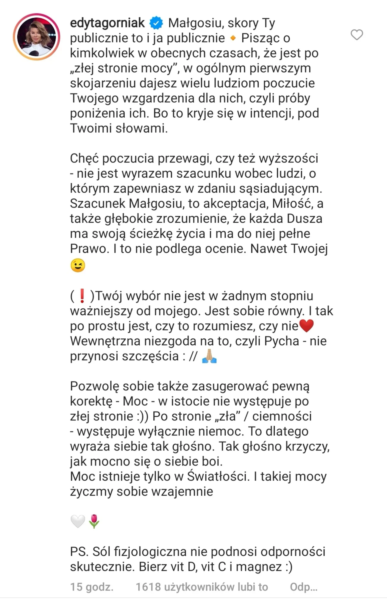 Komentarz Edyty Górniak pod postem Małgorzaty Rozenek-Majdan o 3. dawce szczepienia przeciw COVID-19