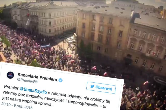 Kancelaria Beaty Szydło informuje na Twitterze, że reforma edukacji nie odbędzie się bez udziału nauczycieli, rodziców i samorządowców. Uspokoi nastroje?