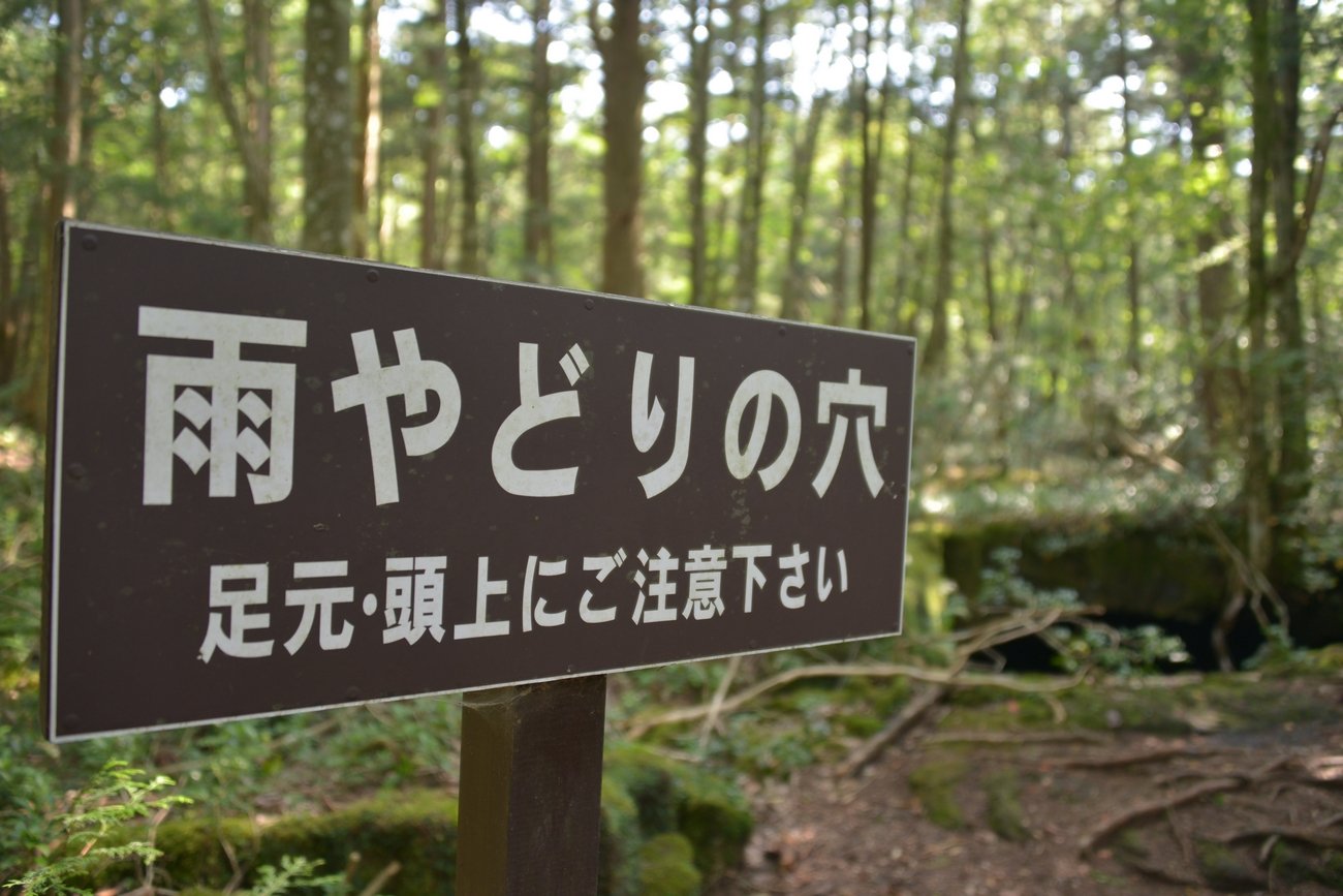Znak ostrzegawczy przy wejściu na szlak Aokigahary.