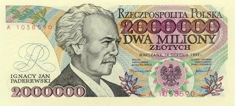 Banknot z Ignacym Janem Paderewskim o nominale 2 mln zł.