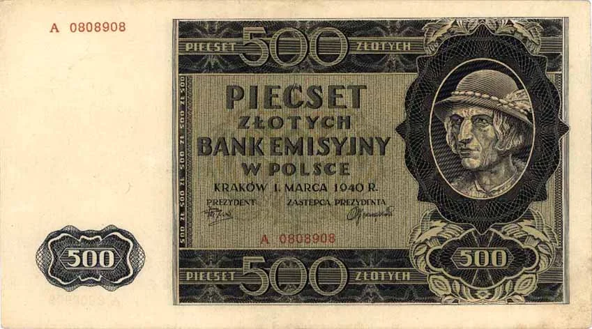 Okupacyjna "młynarka" o nominale 500 zł, czyli tzw. góral, 1940 r.