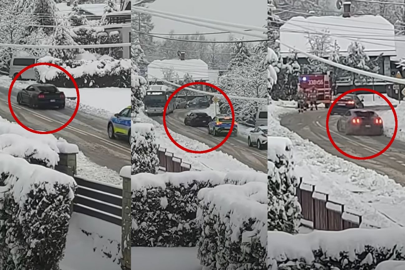 Kierowca Mustanga miał problem z podjechaniem pod wzniesienie.