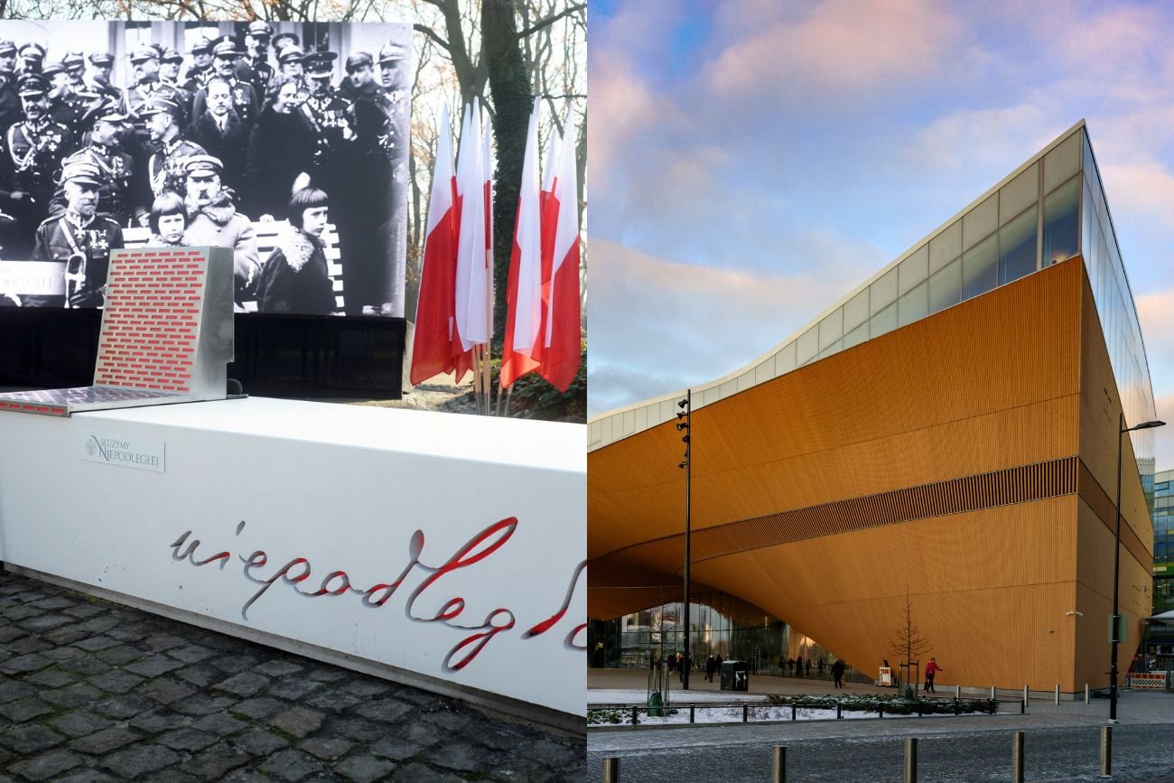 Ławka niepodległości vs. gmach biblioteki Oogi