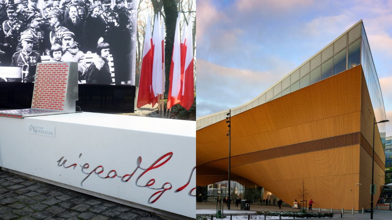 Ławka niepodległości vs. gmach biblioteki Oogi
