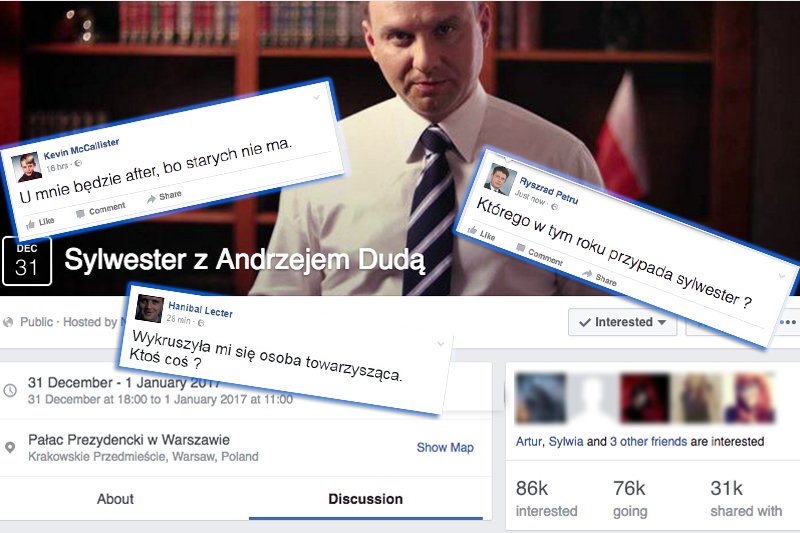 Facebookowicze mają już plany na Sylwestra. Idą na imprezę z Andrzejem Dudą, Kevinem i Juliuszem Słowackim. Dokładnie tak!