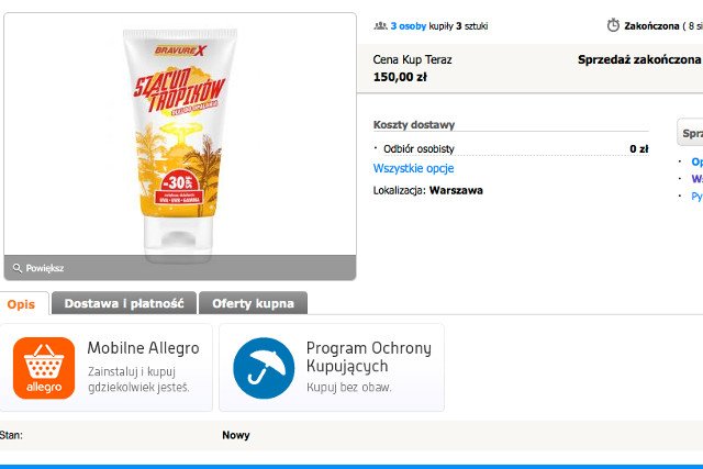 Olej do opalania "Szacun tropików" w krótkim czasie zdobył dużą popularność na Allegro