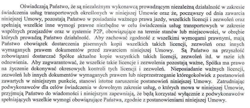 Fragment umowy Kierowca-Spółka w Uberze