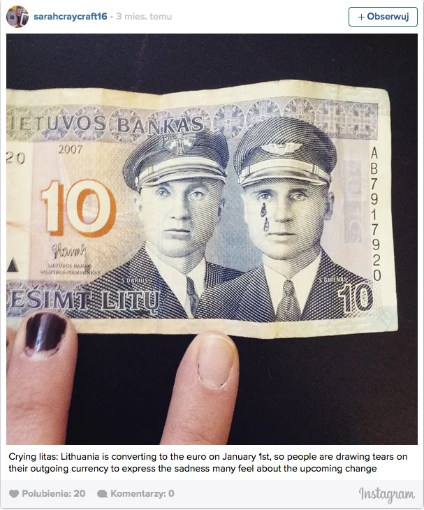 "Płaczące lity". Sympatycy poprzedniej waluty żegnali ją przez dorysowywanie łez na banknotach
