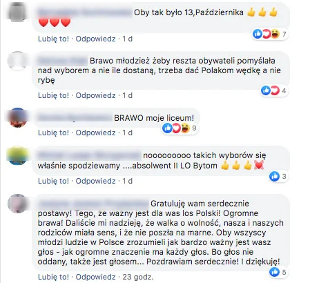 Komentarze na FB Samorządu Uczniowskiego II LO w Poznaniu.