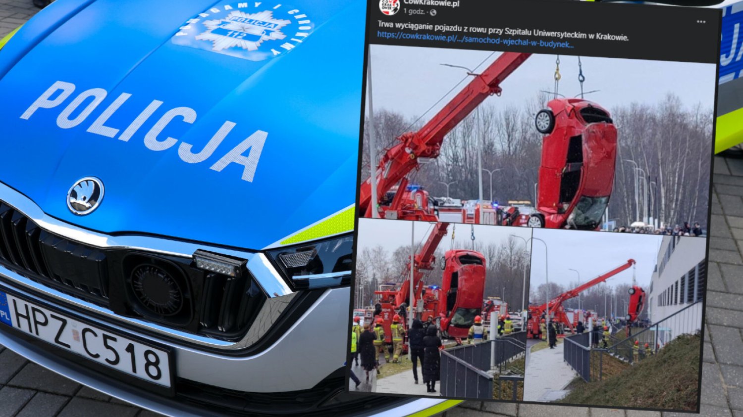 Wypadek w Krakowie. Kierująca wjechała w budynek szpitala Wypadek w Krakowie. Kierująca wjechała w budynek szpitala