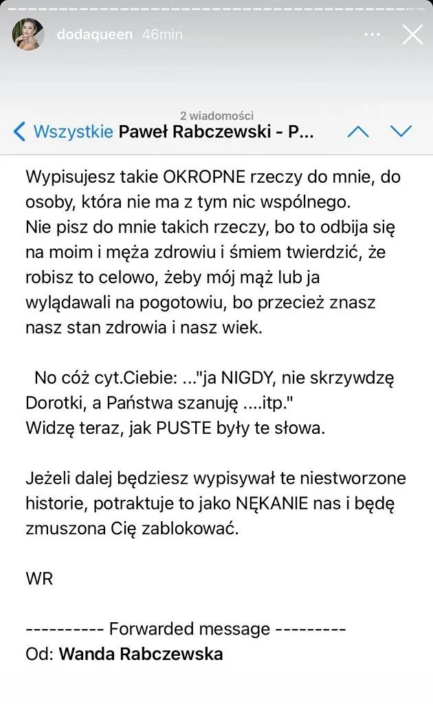 Mail udostępniony przez Dodę na jej Instagramie.