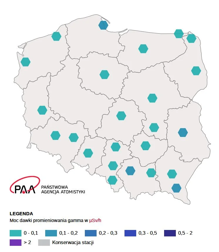Sytuacja radiacyjna z poniedziałkowego poranka - 20 kwietnia. Widzimy brak zagrożeń