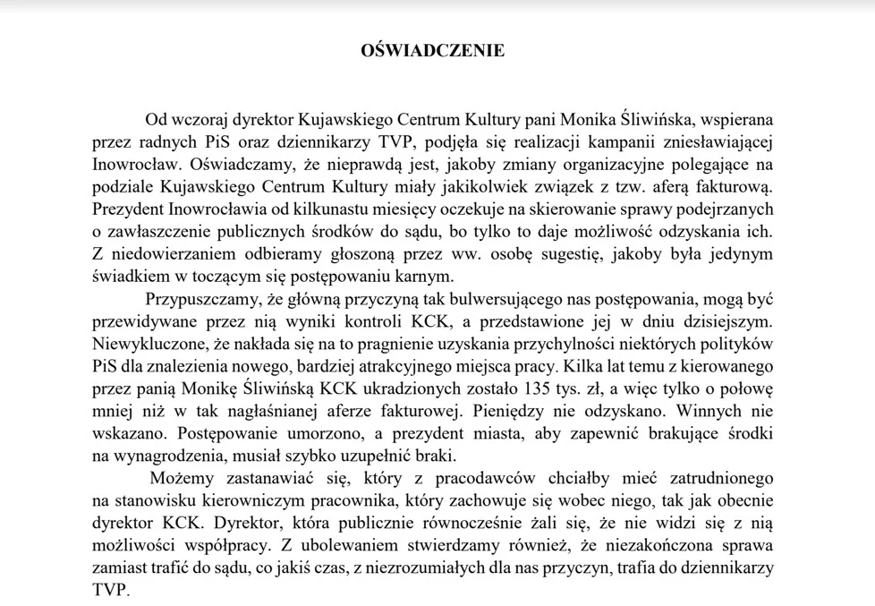 Oświadczenie Urzędu Miasta.