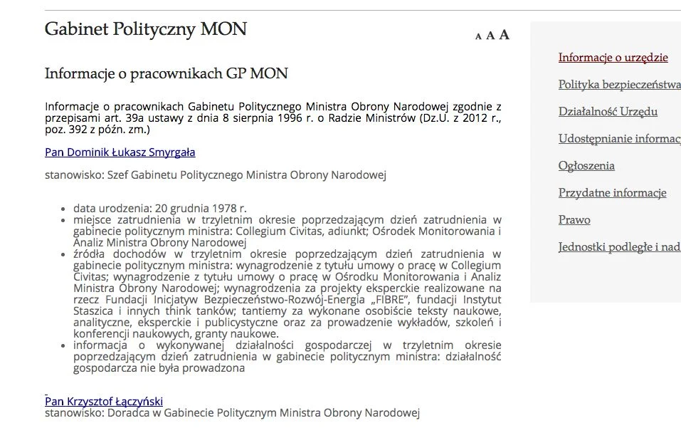 Nota biograficzna Dominika Smyrgały na stronie resortu obrony
