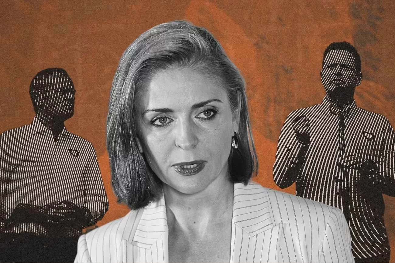 Joanna Mucha mówi, że Polska 2050 nie będzie już dłużej maszynką do głosowania. Partia Szymona Hołowni żąda uznania swojej podmiotowości i realizacji postulatów wyborczych. Grafika: na pierwszym planie Joanna Mucha (Polska 2050). W tle po lewej stronie Donald Tusk, a po prawej Rafał Trzaskowski (KO).
