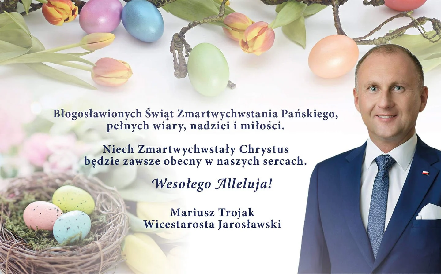 Życzenia wielkanocne wicestarosty jarosławskiego Mariusza Trojaka na Facebooku. Zamieścił je w piątek - tego samego dnia, gdy uczestniczył w rytualnym pobiciu i spaleniu kukły Żyda.