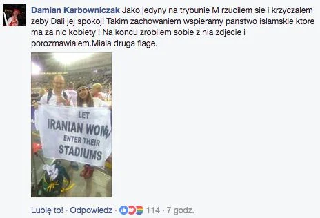Jeden z kibiców próbował pomóc aktywistce z Iranu. Niestety bezskutecznie.