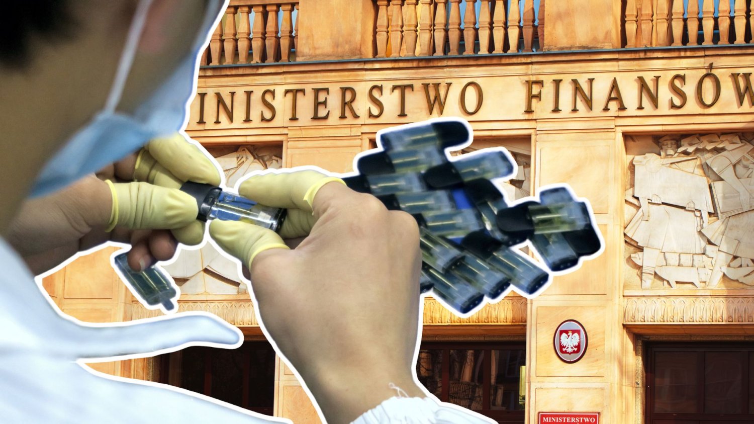 Resort Finansów w oparach nikotynowego absurdu. Setki milionów przechodzą koło nosa mężczyzna produkujący e-papierosy na tle fasady Ministerstwa Finansów