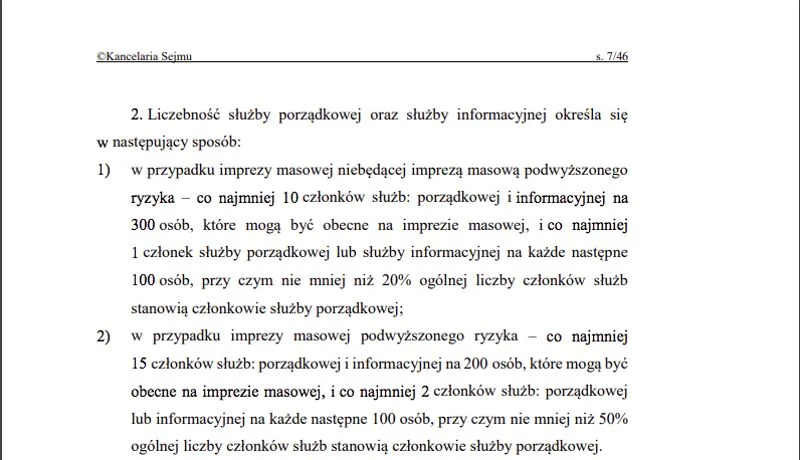 Liczba służb porządkowych na imprezach masowych.