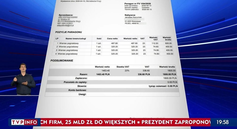 Paragon Kaczyńskiego, który rządowa telewizja prezentuje jako dowód, że przywódca PiS w czasie epidemii odwiedził nie tylko grób swojej matki, ale i ofiar katastrofy smoleńskiej pochowanych na Cmentarzu Powązkowskim.