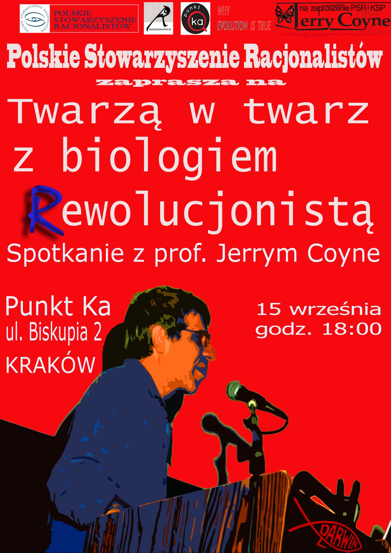 Plakat na spotkanie z Coynem w Krakowie