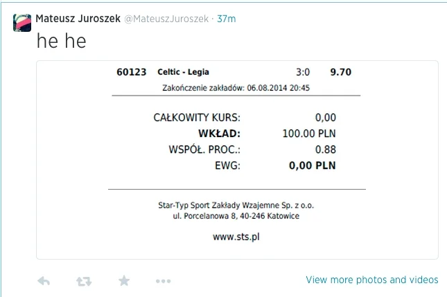 Mateusz Juroszek prezentuje na twitterze "zakład" z meczu Celtic - Legia na wynik 3:0 (zwróćcie uwagę na szczegóły)