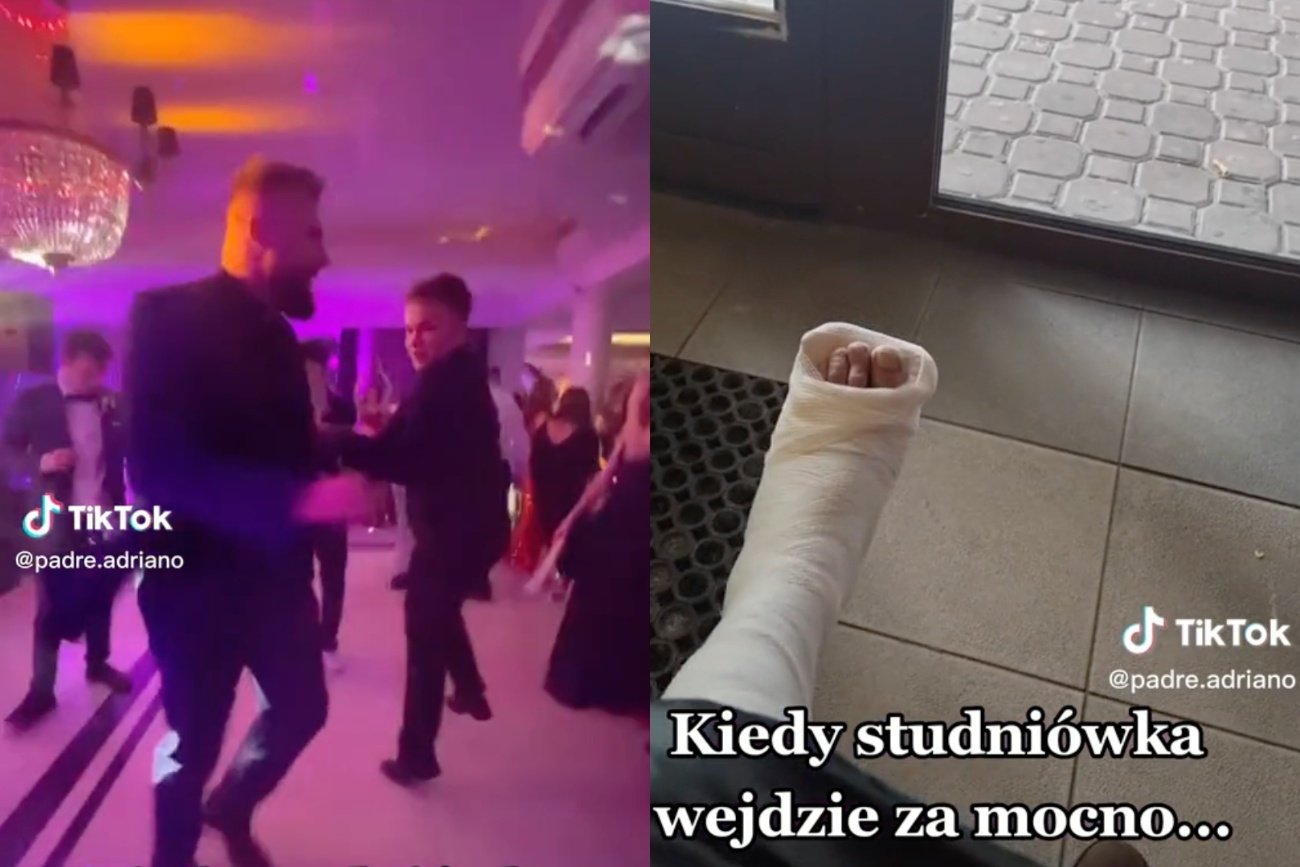 Ksiądz tak szalał na studniówce, aż złamał nogę. Filmik na TikToku viralem