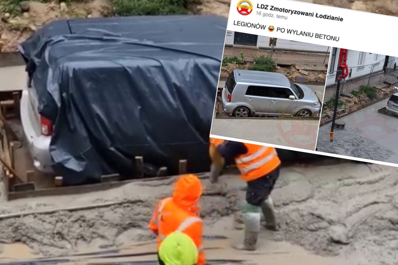 Samochód z Łodzi został oblany betonem z czterech stron