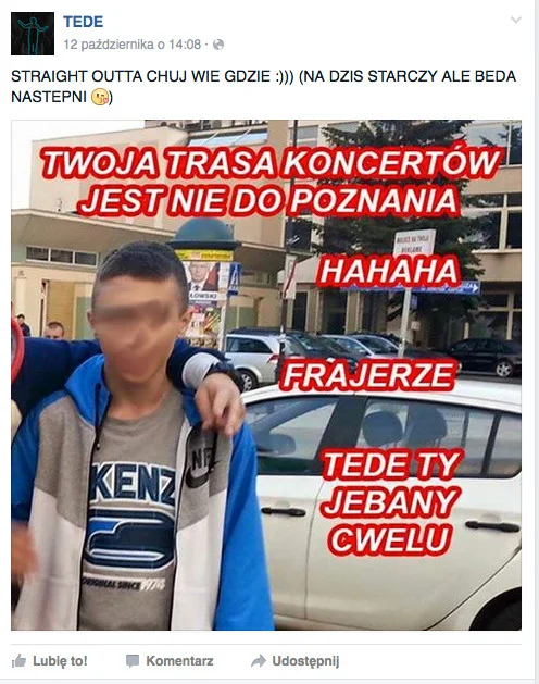 Tede niszczy własnych hejterów – wrzuca ich zdjęcia na swoją tablicę na Facebooka i cytuje ich komentarz