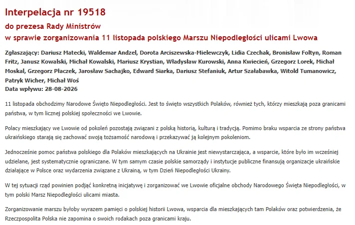 Posłowie PiS, Konfederacji, Rozwoju Plus i Konfederacji Korony Polskiej chcą, by polski rząd zorganizował Marsz Niepodległości we Lwowie