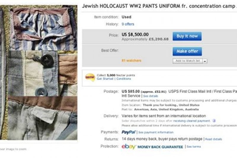 Na eBayu jeszcze do niedawna można było kupić liczne pamiątki związane z Holokaustem, np. pasiaki z obozu w Oświęcimiu.