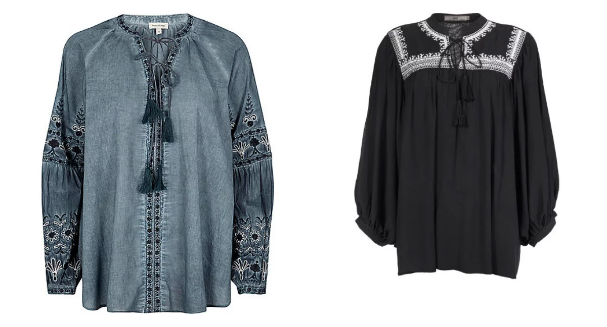 Niebieska bluzka - River Island około 200 zł, czarna bluzka z białym haftem -  Yoshe (showroom.pl) 185 zł