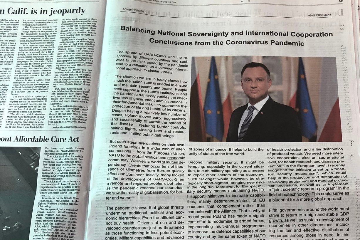 Andrzej Duda zamieścił płatne ogłoszenie w "Washington Post". To część kampanii Polskiej Fundacji Narodowej.