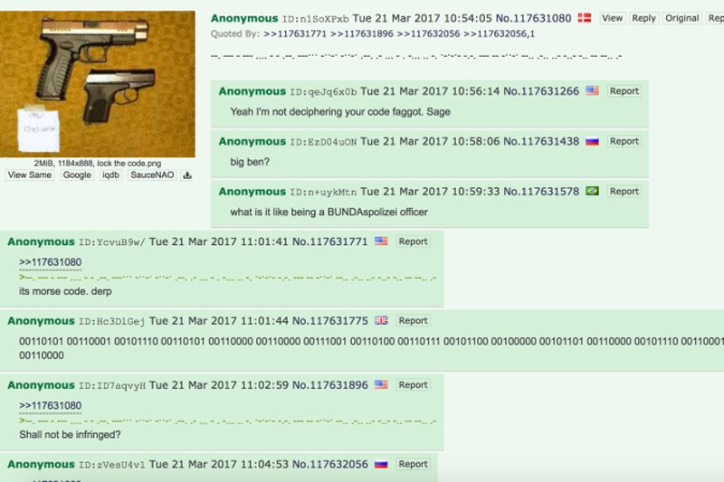 Ten post na forum 4chan.org wygląda jak wiadomość dla zamachowcy, kiedy i gdzie dokonać zamachu. Wielokrotnie zaszyfrowany adres parlamentu pojawił się w sieci we wtorek.