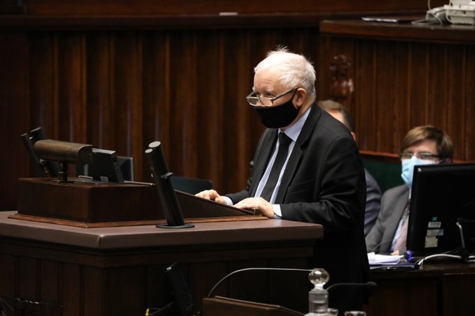 Wicepremier Jarosław Kaczyński podczas wystąpienia na temat wotum nieufności.