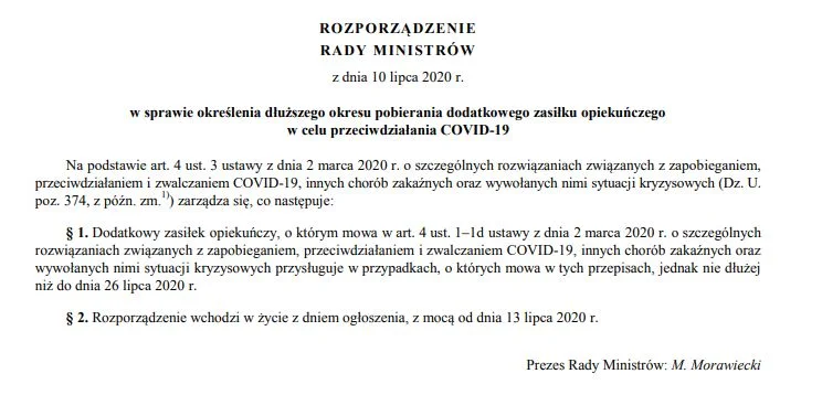 Zasiłek opiekuńczy z ZUS. Nowe rozporządzenie dotyczące terminy obowiązywania świadczenia (do 26 lipca 2020 roku).