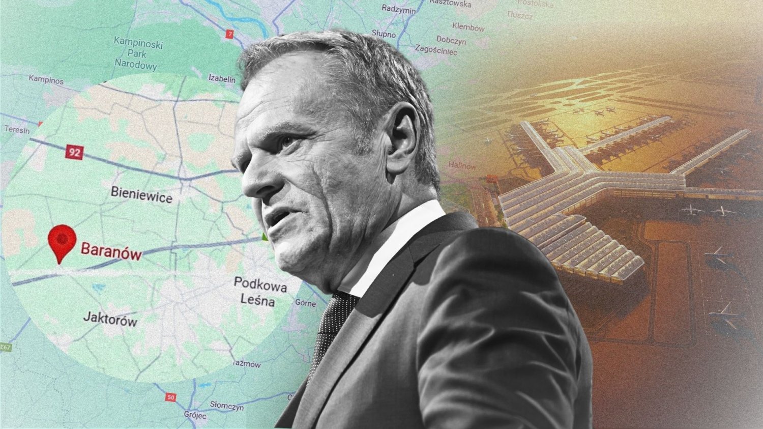 Donald Tusk. W tle po lewej stronie Baranów na Google Maps, po prawej wizualizacja Port Polska.