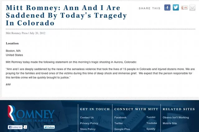 Zrzut ze strony http://www.mittromney.com/news/press/2012/07/mitt-romney-ann-and-i-are-saddened-todays-tragedy-colorado