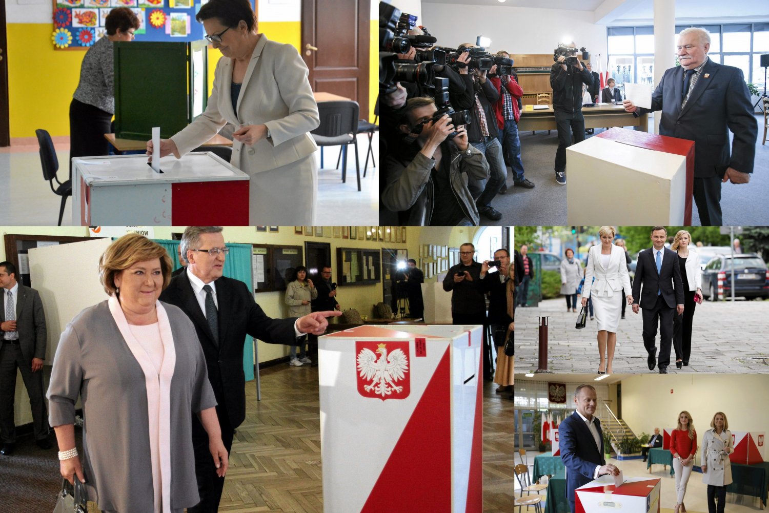 Politycy i kandydaci przy urnach wyborczych.